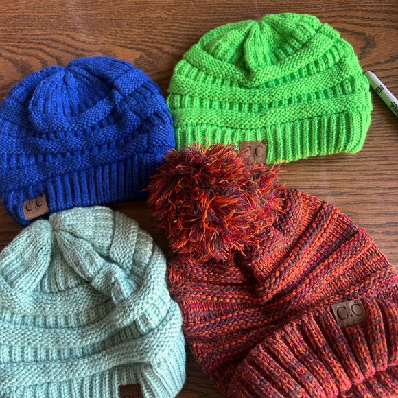 C.C Knit Beanie Set - Royal Blue, Lime Green, Mint, Orange Multi Pom - Picture 2 of 2